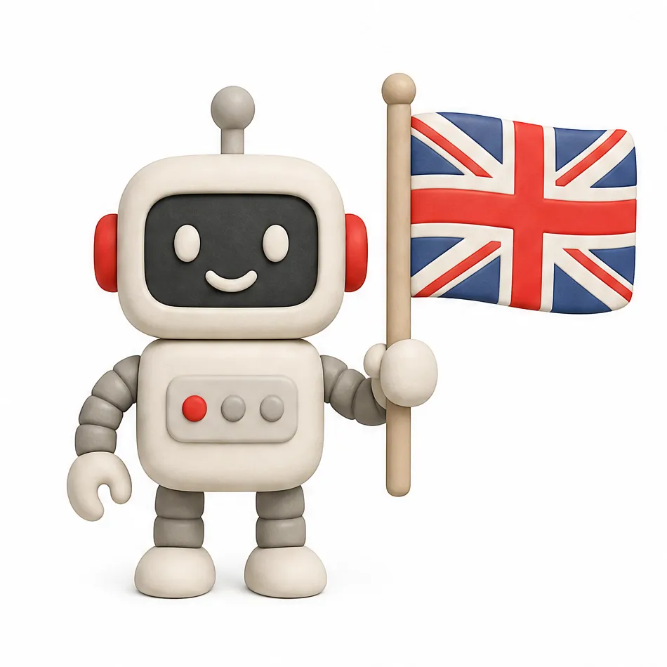 Plastelínový robot s britskou vlajkou