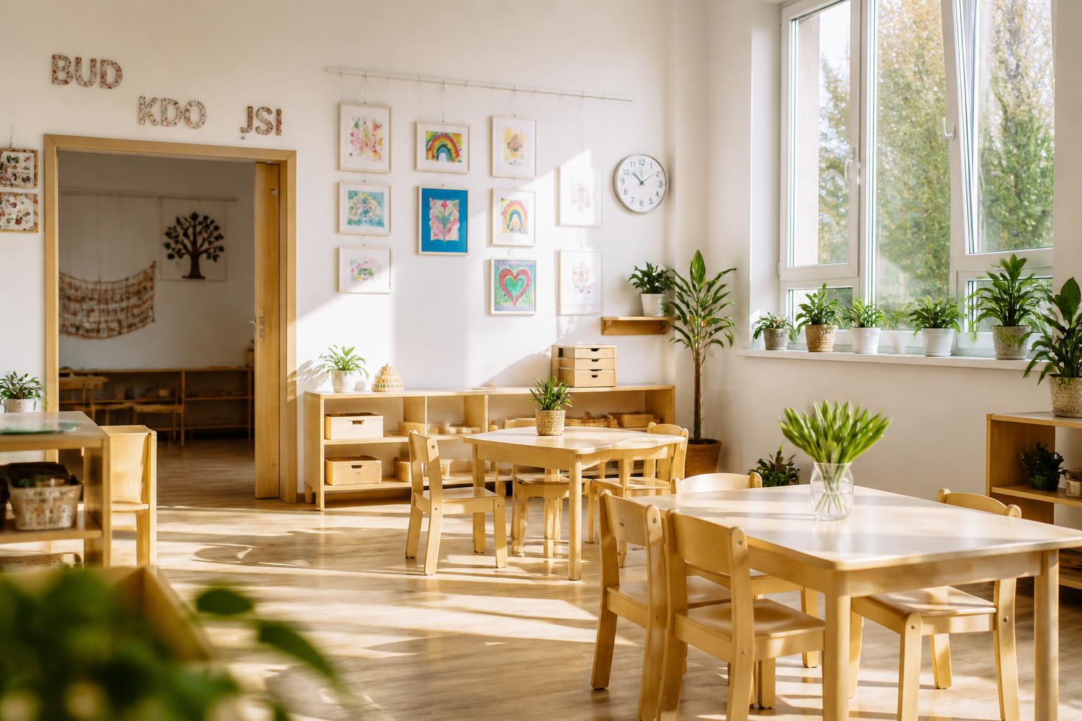Světlá moderní třída mateřské školy s dřevěným nábytkem a rostlinami